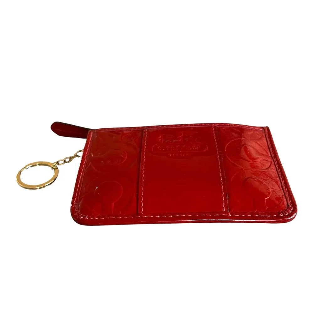 COACH Embossed C Red Patent Leather Gold Key Ring Small Skinny Card Case Top Zip